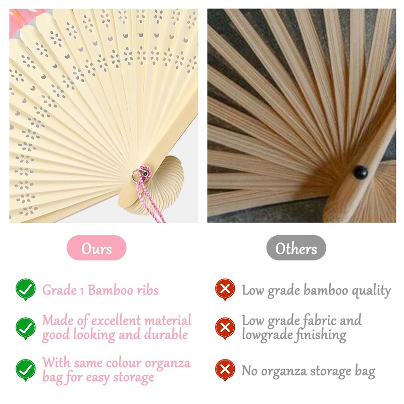 3PCS Folding Hand Fans with Tassel and Fabric Sleeves, Bamboo