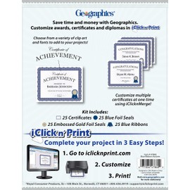 Geographics Award Certificate Kit, 8.5 x 11" Blank Certificate Paper, Gold Foil Seals & Blue Ribbon Stickers (Pack of 25)