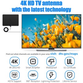 Indoor Antenna for Local Channels - 4K HD Amplified Digital HDTV With Signal Booster - 360 Long Reception Aerial Support All Types TV