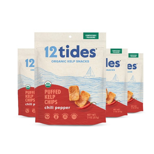 12 Tides Chips de algas abombadas orgánicas – Chips de algas marinas a base de plantas, sin OMG, sin gluten, sin azúcar añadido, patatas fritas de verduras marinas, pimienta chile, 4 unidades