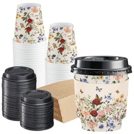 JarThenaAMCS 50 Sets Vintage Floral Coffee Cups with Lids and Sleeves 8oz Wildflower Paper Cups Flower Disposable To Go Coffee Cup for Cafes Shops Cappuccino Chocolate Beverage