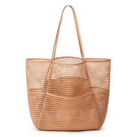 KALIDI BeachNylon Mesh Tote Bag, Casual Tote Bag Hobo Women Foldable MAX 23L Shoulder Bag For Beach Picnic Vacation (Tan)