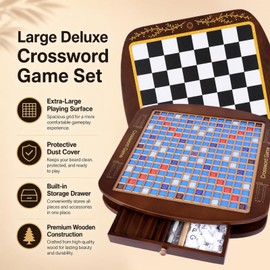Deluxe Wooden Word Board Game, Extra Large 20" x 20" Crossword Game Set with Dust Cover, Built-in Storage Drawer & Felt Playing Surface