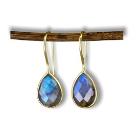 MadamLili - Tröpfchen Ohrringe Labradorit - 925 Sterling Gold Vergoldet - Edelstein Ohrhänger Schimmernd Grünblau - Exklusive Schmuckbox