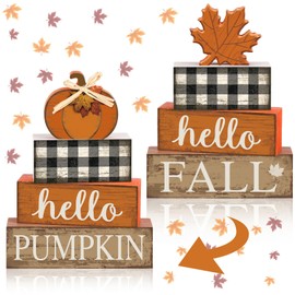 Briwooody 5 Pcs Fall Table Decor Wooden Reversible Maple Leaves Pumpkin Fall Tiered Tray Decor Thanksgiving Centerpiece Maple Leaves Pumpkin Block Signs Farmhouse Autumn Decoration for Home Kitchen
