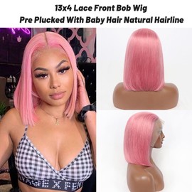 Wiggins Pink Bob Wig Human Hair 13x4 HD Transparent Lace Front Wig Colored Short Bob Lace Front Wigs Rose Pink Straight Bob Wigs For Black Women Glueless Human Hair Wigs Pre Plucked 12 Inch