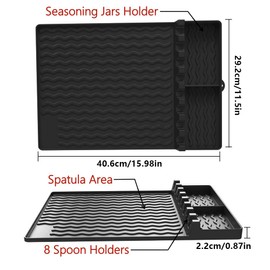 QinSuiKai Griddle Mat BBQ Grill Accessories Tools for Blackstone, Side Shelf Mat Grill Pad for Weber Grill Kitchen Counter Silicone Spatula Mat with Drip Pad for Kitchen, Cooking, Countertop(Black)