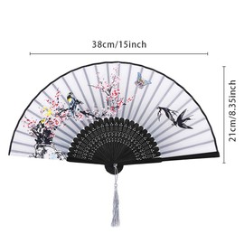 NETUME 4 Pieces Hand Folding Fans for Women, Silk Fabric and Hollow Carved Bamboo Handheld Folding Fan, Chinese Style Hand Fan with Tassels for Gifts and Wall Decoration