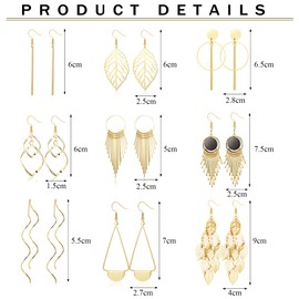 JeweBella 9 Pairs Drop Dangle Earrings Set for Women Girls Hypoallergenic Stainless Steel Earrings Boho Vintage Silver/Gold Wave Leaf Tassel Drop Earrings Set Long Bar Earrings Fashion Jewellery
