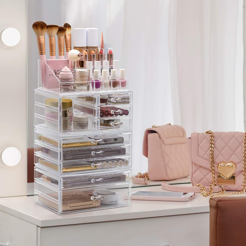 Sorbus Large Clear Makeup Organizer - Detachable 4-Piece Jewelry &