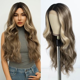 Style Icon Long Wave Wig 28 Inch Highlight Brown Synthetic Lace Front Wig Long Water Wave Wigs Pre Plucked Baby Hair Middle Part Lace Wig (NTSN 4/UN9/12R)