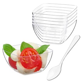 Zezzxu 100 Pack 2 oz Mini Dessert Cups with Spoons, Reusable Small Appetizer Plates Square Clear Plastic Party Serving Bowls for Cheesecakes, Mousses, Chocolate Trifles, Samples