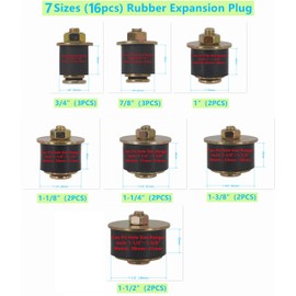 abczok 7 Sizes 16pcs Rubber Expansion Plug, Automotive Rubber Expandable Freeze Plugs Kit Fit Hole Size:3/4" 7/8" 1" 1-1/8" 1-1/4" 1-3/8" 1-1/2" (19mm~41mm)
