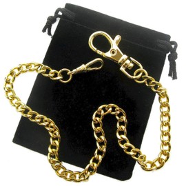 Pocket Watch Chain - Albert Chain - Gold Color - High Polish Brass Curb Link Chain - Big Swivel Lobster Clasp + Swivel Clasp FC02A