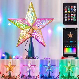 Christmas Star Tree Topper, 8" Static Dynamic Lighted Hollowed 3D Pentagram Built-in 10 Bulbs, RGB Color Changing Topper W/App Control USB Powered Xmas Tree Topper Music Sync Tree Top for Christmas