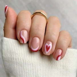 Valentines Press on Nails Short French Fake Nails Red & White Heart Acrylic Nails Swirl Acrylic Nails Cute Square Glue on Nails Cute False Nails for Women 24 Pcs