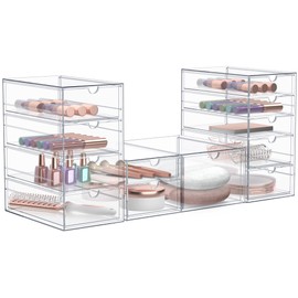 Sorbus Makeup Organizer With 12 Drawers, Acrylic Drawer Organizer for Makeup, Office Organization and Storage, Art Supplies, Jewelry, Stationary - 3 Pcs Clear Stackable Storage Bins Organizer Drawers