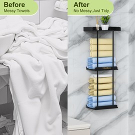 MinBoo Bamboo Bathroom Towel Storage Rack, Towel Racks for Bathroom Wall Mounted with Shelf Can Holds Large Towels, Wall Towel Rack for Rolled Towels, Black