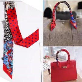 JERLA 100% Mulberry silk Scarf handbag wrap wrap Tie Bundle head Hair Ribbon Scarf Neckerchief Scarf for women men (Heart leopard print red)