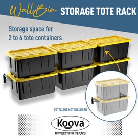 Koova Wall Mounted Tote Rack Storage System, Fits 27-Gallon Black and Yellow Commander Style Bins, Wall Mount Bracket Shelves for Garage Organization, Heavy Duty Steel, Made in USA (3-Piece Set)
