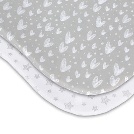 SPRINGSPIRIT Baby Pram Sheets/Moses Basket Fitted Sheets 2 Pack, 100% Cotton Pram Carry Cot/Moses Basket Mattress Cover, Fits for mattress approx 75-78x30-33cm, Stars & Hearts Print