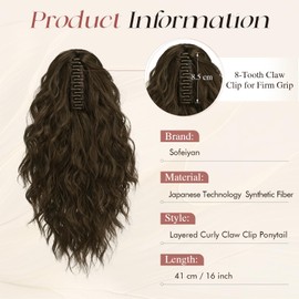 SOFEIYAN Ponytail Extension, 16 inch Claw Clip Ponytail Extension Wavy Curly Ponytails Synthetic Pony Tails Hair Extensions Natural Fake Hairpiece for Women - Brown Mix