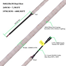 JOYLIT 24V Diffused LED Strip Lights Dual Row 16.4FT 560LEDs/M 3000K Warm White IP65 Waterproof, CE UL Professional 601LM/FT Super Bright Dotless Dimmable Adhesive LED Tape 12MM Wide 24W/M CRI 92