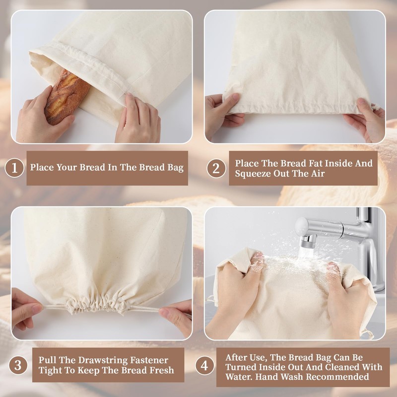 Pack of 6 Bread Bags, Linen Cotton, 30 x 40