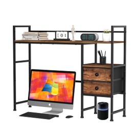 Unionly Desk Shelf,Desktop Organizer Shelf for Computer Monitor, 3 Tier Display Rack and 2 Fabric Drawers, Wood Desktop Bookshelf Storage Rack for Home Office,Dorm, Rustic Brown