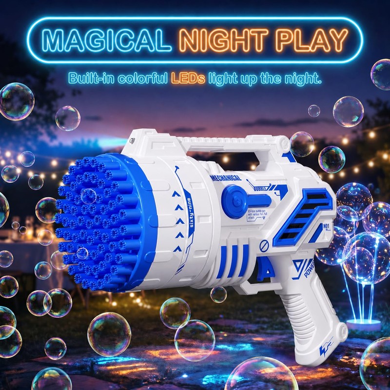 Bubble Gun for Kids, 69-Hole Bubble Blaster with LED Lights,