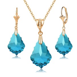EVEVIC Austrian Crystals Baroque Pendant Necklace Earrings for Women 14K Gold Plated Hypoallergenic Leverback Drop Dangle Earrings Jewelry Set (Aquamarine)
