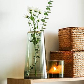 Jarrón de vidrio verde con boca dorada para centros de mesa, decoración del hogar y boda (1, Pequeño)