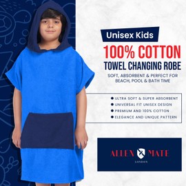 ALLEN & MATE Kids Swim Changing Robe - Quick Dry 100% Terry Cotton Beach Poncho Towel with Hood & Pocket for Boys & Girls (6-9 Years, Royal Blue/Navy Blue)
