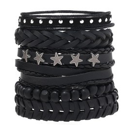 Minicoco 6 Pcs Leather Bracelet Star Black Braided Wide Wristband Women Men Punk Jewelry