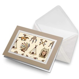 Greeting Cards Biege (Insert) - Native American Tribe Teepee Boho Blank Greetings Card Birthday Kids Party Boys Girls #15914