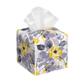 DXTKWL Tissue Box Cover Yellow Flower Grey Leaves Square PU Leather Tissue Box Holder for Car Bathroom Bedroom Desk Tabletop Decor