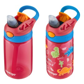 Contigo Aubrey - Botella de agua limpia para niños con popote de silicona y tapa a prueba de derrames, apta para lavaplatos, 14 onzas, paquete de 2 unidades, sandía y dinosaurios