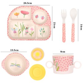 LOMUG Children's Crockery Set, Without Melamine, 5-Piece Crockery Set with Suction Cup, Baby Menu Tray, Baby Plate, Non-Slip BPA Free, Plate, Cup with Lid, Spoon, Fork for Children, Dishwasher Safe