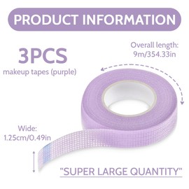 VEOIRXU Pack of 3 Cosmetic Tape Eyelash Tape Breathable Micropore Fabric Bands Lash Tapes Multi-Purpose Breathable Makeup Tool for Eyeliner Eyeshadow Eyelash Extension 1.25 cm x 9 m (Purple)