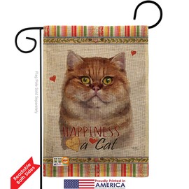 Cat British Short Hair Happiness Burlap Garden Flag Set with Stand Animals Kitten Meow Spoiled Paw Fur Pet Nature Farm Animal Creature Small Gift Yard House Banner Double-Sided Made in USA 13 X 18.5