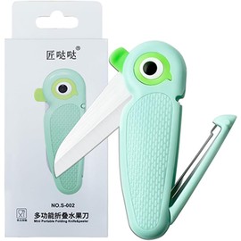 1 Stück Mini Keramik-Schälmesser, Multifunktionale Tragbares Cutter Schäler 2-in-1, Kleines Klappmesser mit 6cm Scharfe Klinge, Papageienform Obstmesser für Reisen Camping (Blau)