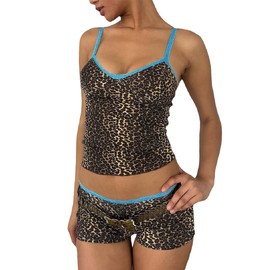 NUFIWI Women Leopard Print 2 Piece Shorts Set Spaghetti Strap V Neck Cami Top with Shorts Pajamas Loungewear Set(A leopard 11,Small)