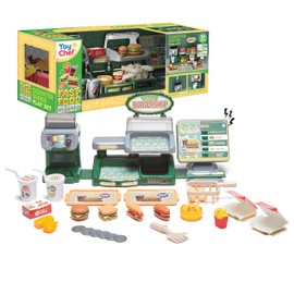 Pretend Play Burger Shop with Menu Toy Set, Kids Kitchen Playset Play Food Retro Diner Stand for Kids - Toddler Kitchen Playset Accessories Toy with Juice Drink Machines, Hamburger Fastfood- 25 PCS