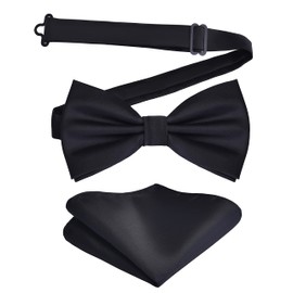 Mens Silk Black Bow Tie and Pocket Square Set for Wedding Pre-tied Adjustable Formal Tuxedo Solid Bowtie Handkerchief (BB01-07)