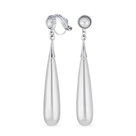 Modern Bridal Geometric Linear Thin Long Off White Column Simulated Pearl Dangling Chandelier Clip-on Earrings For Women Teens Silver Plated