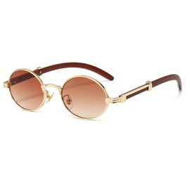 YAMEIZE Retro Round Wood Sunglasses for Women and Men Small Oval Vintage Metal Frame Wooden Temple Sunglasses UV400
