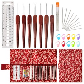 LOOEN Red Wood Smooth Crochet Hooks 2.0 mm - 5.0 mm with Mertric Numbers and 10 pcs Stitch Markers, 9 pcs Yarn Needles, 1 pc Measuring Tape, 1 pc Removable Circular Needle Bag