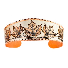 Silver Tone Maple Leaf Bracelets for Women. Open-Ended Copper Cuff with Canadian Maple Pattern on Background, Adjustable Tapered Handcrafted Maple Jewelry