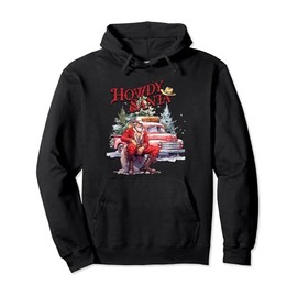 Western Christmas Santa Cowboy Red Howdy Red Truck Pullover Hoodie, black