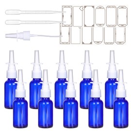 Paquete de 10 botellas de pulverización nasal vacías de 1 oz, rociadores de niebla fina recargables de vidrio azul, a prueba de fugas y duraderos para